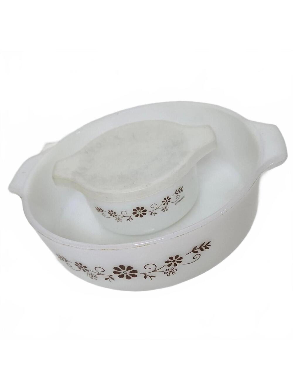 Dynaware Pyr-o-Rey Milk Glass Casserole Dish Set Brown Floral Old Town Style Vtg